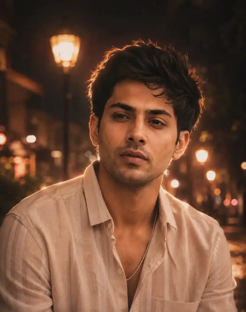 portrait under warm streetlamps