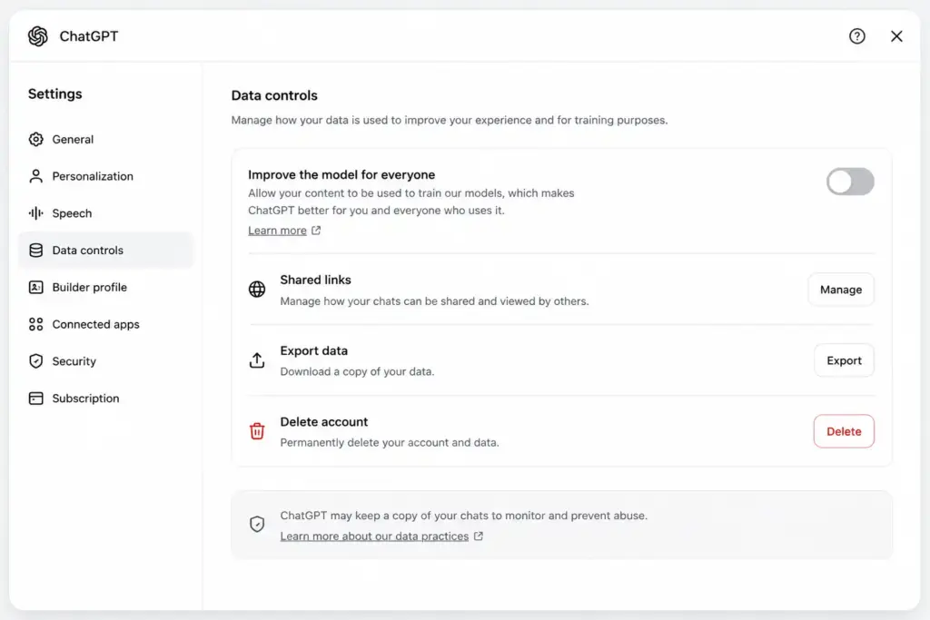 ChatGPT Data Controls privacy settings