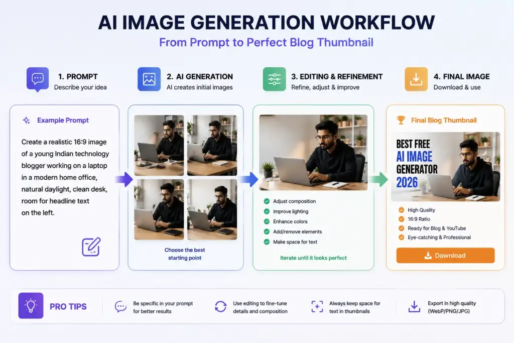 AI image generation workflow from prompt to final image